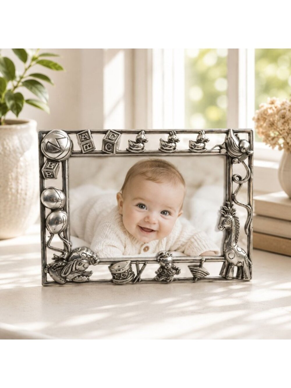 Vintage Pewter Baby Photo Frame Whimsical Nursery Keepsake With Toys & Animal Mo